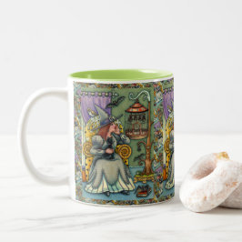 MOOIE HEKS, KAT EN HAAR HUISDIEREN, VLEERMUISKOOI, TWEEKLEURIGE KOFFIEMOK