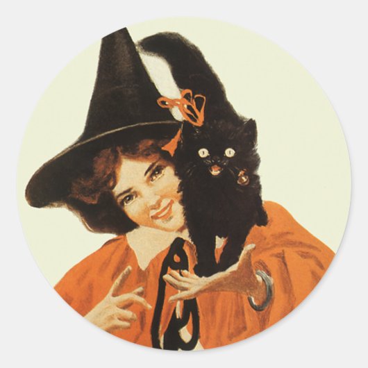 mooie heks met een klinkende zwarte kat ronde sticker (Voorkant)