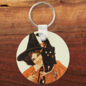  mooie heks met een klinkende zwarte kat sleutelhanger (Voorkant)