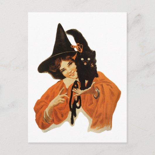  mooie heks met zwarte kat op schouder briefkaart (Voorkant)