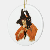  mooie heks met zwarte kat op schouder keramisch ornament (Links)