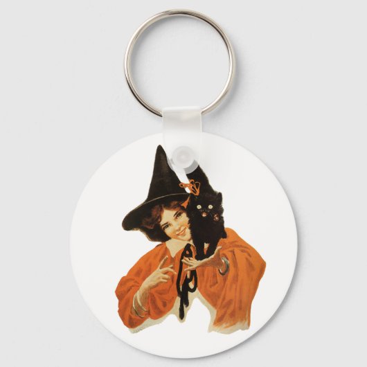 mooie heks met zwarte kat op schouder sleutelhanger (Voorkant)
