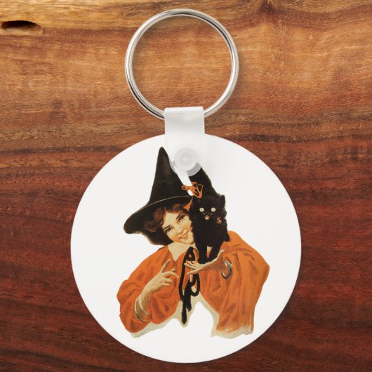  mooie heks met zwarte kat op schouder sleutelhanger (Voorkant)