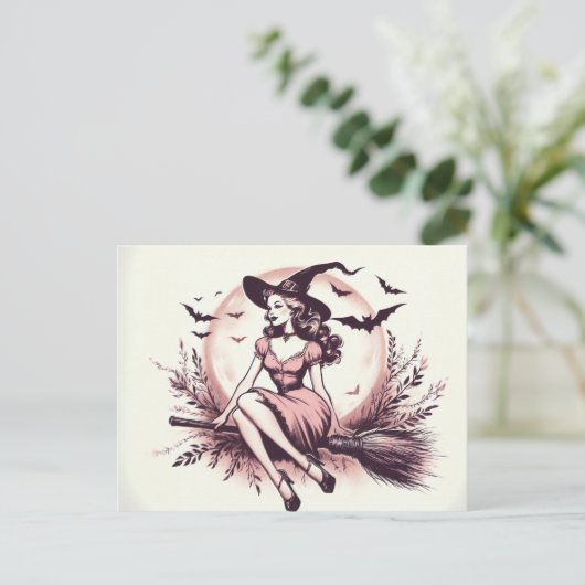  mooie heks op bezemsteel briefkaart (Staand voorkant)