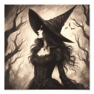 Mooie heks Spooky Gothic Halloween Illustratie Foto Afdruk