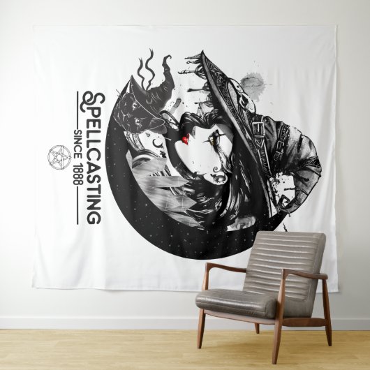 Mooie Heks & Zwarte Kat Wiccan Wicca Toverij Wandkleed (In Situ (horizontaal))