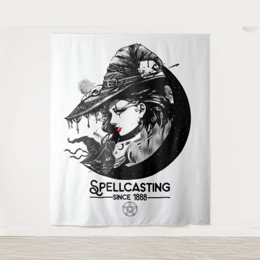 Mooie Heks & Zwarte Kat Wiccan Wicca Toverij Wandkleed (Voorkant)