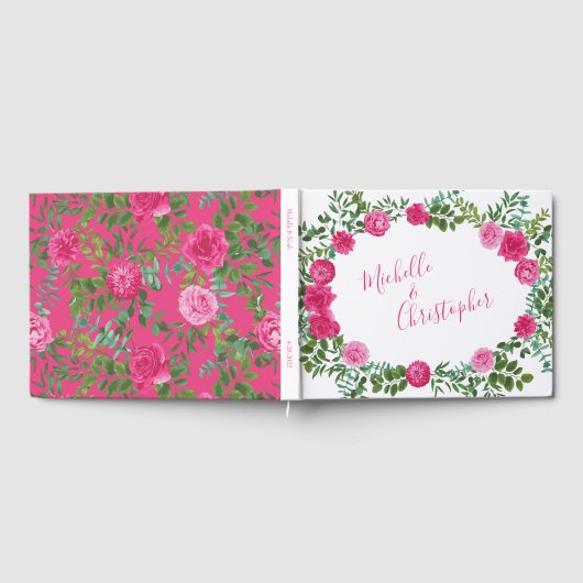 Mooie helder roze trouwrozen bloemstuk gastenboek (Volledig)