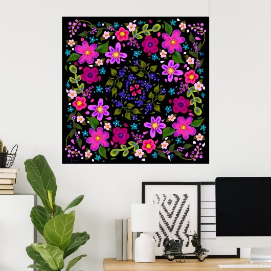 Mooie, heldere Boho Flowers Pink en Periwinkle Poster (Thuiskantoor)