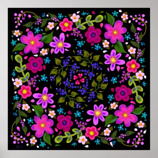 Mooie, heldere Boho Flowers Pink en Periwinkle Poster (Voorkant)