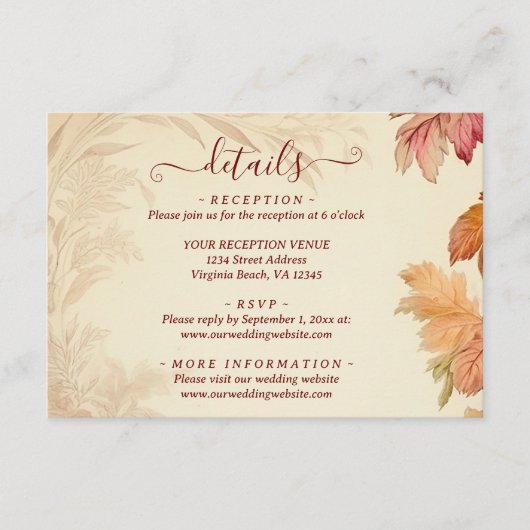Mooie herfst bladeren herfst bruiloft details informatiekaartje (Voorkant)