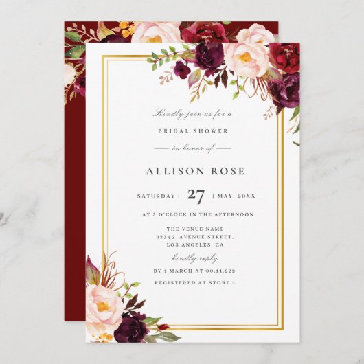 Mooie herfst Bourgondische bruidsdouche uitnodigin Kaart (Voorkant / Achterkant)