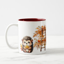 Mooie herfst egel met oogstlad illustratie tweekleurige koffiemok