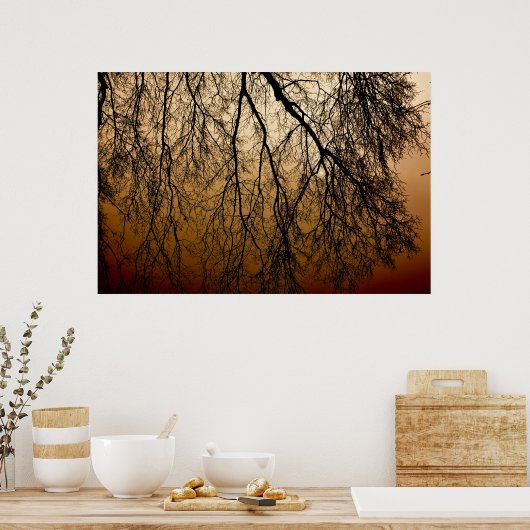Mooie herfst zonsopgang achter bladloze bomen poster (Keuken)