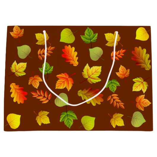 Mooie herfstbladeren op bruin groot cadeauzakje (Voorkant)