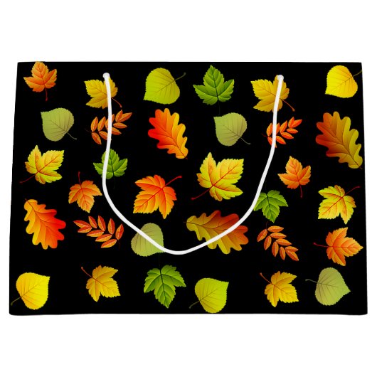Mooie herfstbladeren op zwart groot cadeauzakje (Voorkant)