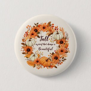 Mooie herfstpompoen- en zonnebloemkrans ronde button 5,7 cm