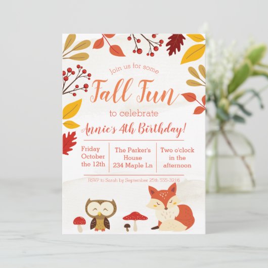 Mooie herfstpret bosdieren kinderverjaardag kaart (Staand voorkant)