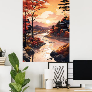 Mooie herfstzonsondergang bij de rivier poster