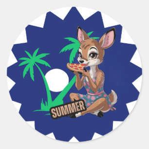 Mooie herten die pizza eten in de zomerse feestdag ronde sticker