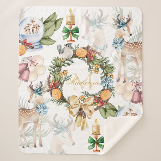 Mooie Herten Waterverf Kerstmis Familienaam Sherpa Deken (Voorkant)