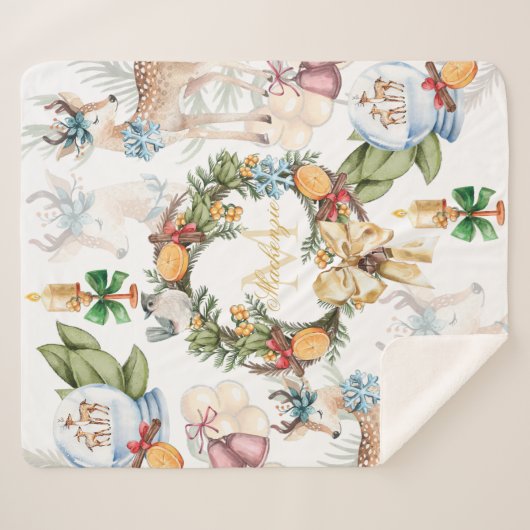 Mooie Herten Waterverf Kerstmis Familienaam Sherpa Deken (Voorkant (horizontaal))