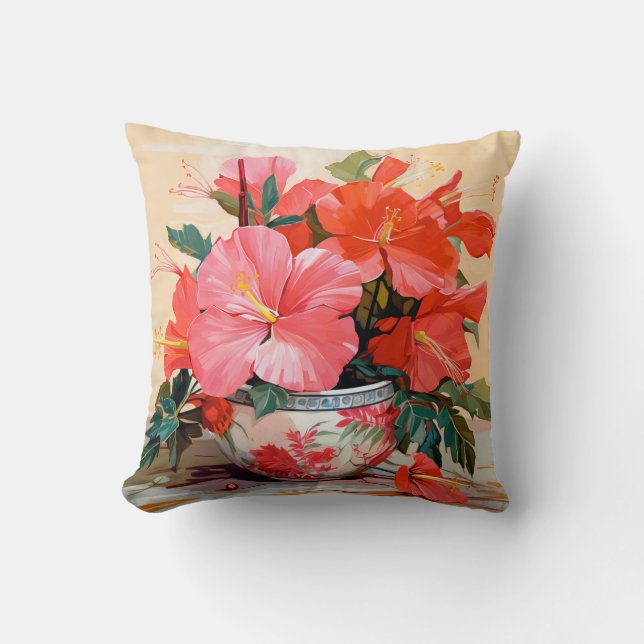 Mooie Hibiscus bloemen, roze/rood, Kussen (Voorkant)