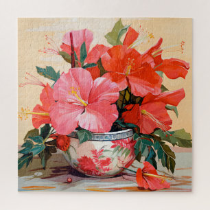 Mooie Hibiscus bloemen, roze/rood, Legpuzzel
