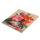 Mooie Hibiscus bloemen, roze/rood, Tegeltje (Zijkant)