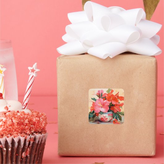 Mooie Hibiscus bloemen, roze/rood, Vierkante Sticker (Feest)
