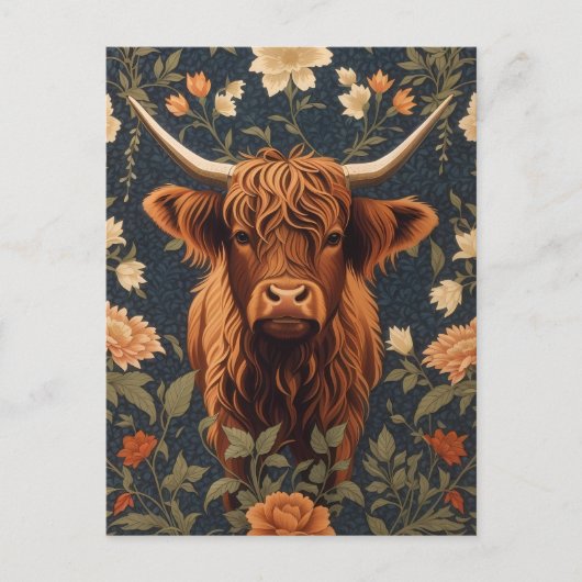 Mooie Highland Koe Vintage Bloemen Briefkaart (Voorkant)