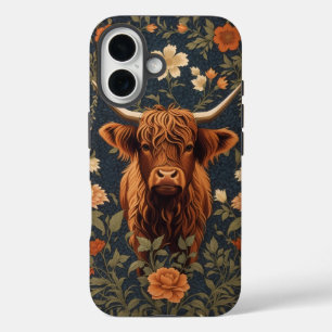 Mooie Highland Koe Vintage Bloemen iPhone 16 Hoesje