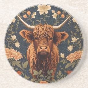 Mooie Highland Koe Vintage Bloemen Zandsteen Onderzetter