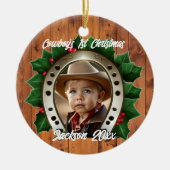 Mooie Holly en Hoefijzer Eerste Kerstmis Keramisch Ornament (Voorkant)