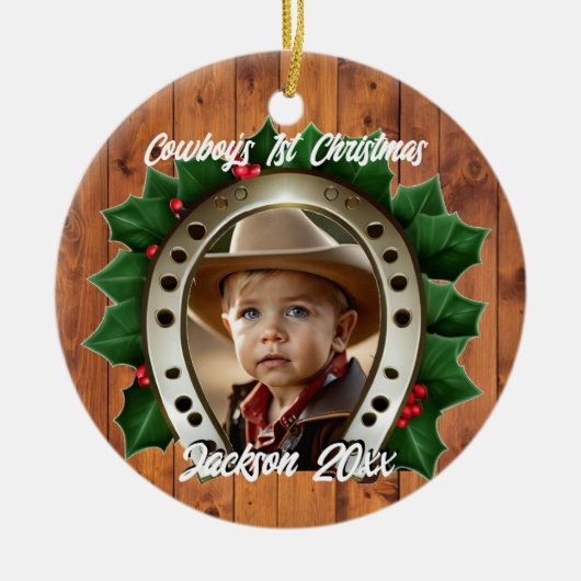 Mooie Holly en Hoefijzer Eerste Kerstmis Keramisch Ornament (Voorkant)