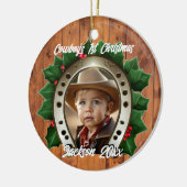 Mooie Holly en Hoefijzer Eerste Kerstmis Keramisch Ornament (Links)