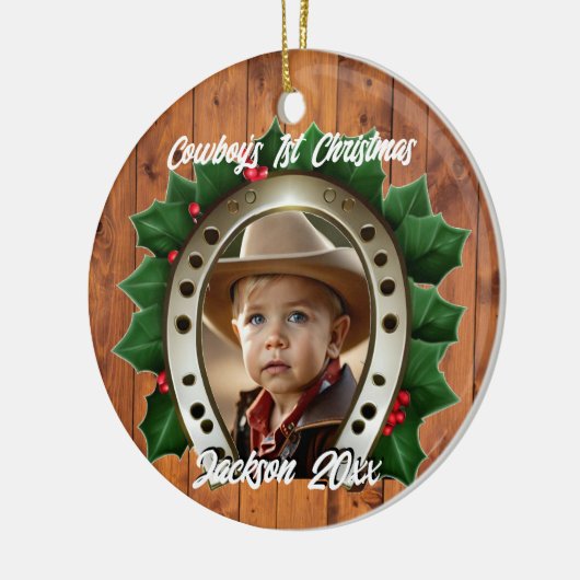 Mooie Holly en Hoefijzer Eerste Kerstmis Keramisch Ornament (Links)