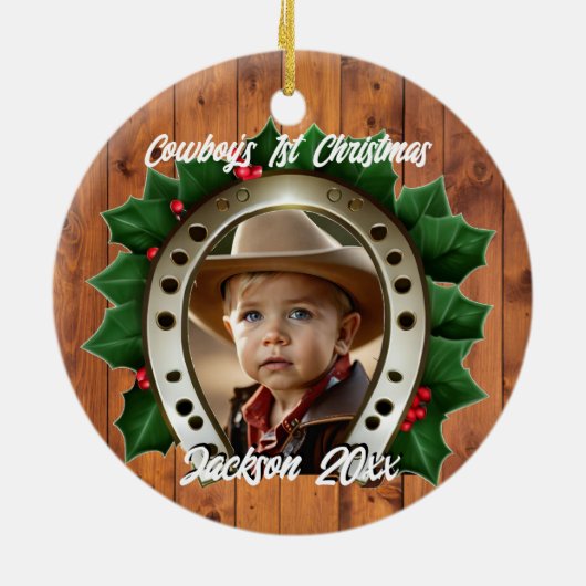 Mooie Holly en Hoefijzer Eerste Kerstmis Keramisch Ornament (Achterkant)