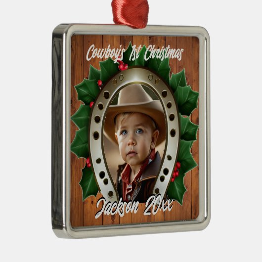 Mooie Holly en Hoefijzer Eerste Kerstmis Metalen Ornament (Rechts)