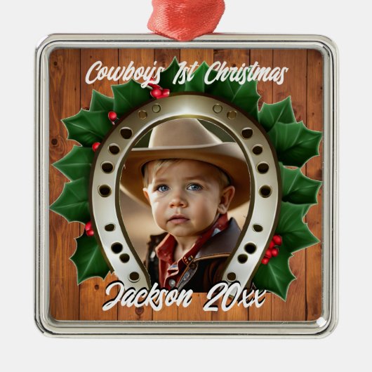 Mooie Holly en Hoefijzer Eerste Kerstmis Metalen Ornament (Voorkant)