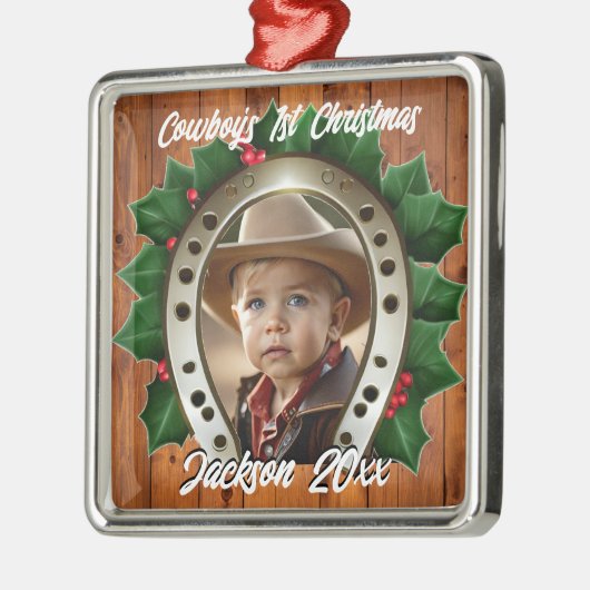 Mooie Holly en Hoefijzer Eerste Kerstmis Metalen Ornament (Links)