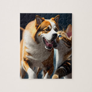 Mooie hond en kat spelen legpuzzel