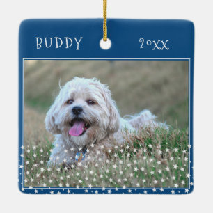 Mooie Hond Knuffel 2 Foto's Ster Patroon Blauw Ker Keramisch Ornament