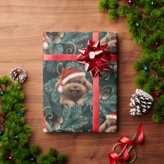 Mooie Hond met Kerstmuts en Dennentakken Kegelden Cadeaupapier (Feestdagen Geschenken)