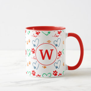 Mooie HONDENPOOTAFDRUKKEN en LIEFDEHARTEN Monogram Mok