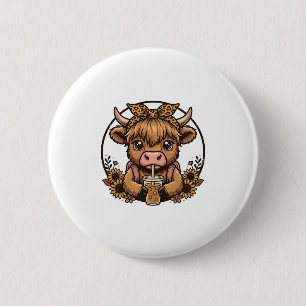 Mooie Hoogland Koe Coffee Zonnebloem Vintage T-shi Ronde Button 5,7 Cm