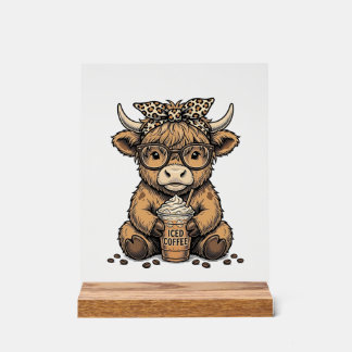 Mooie Hoogland Koe Koffie Vintage Vector T-shirt_1 Acryl Bord