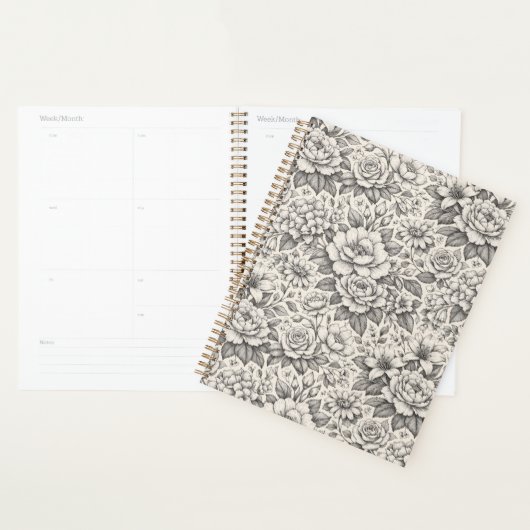 Mooie houtskool zwart en wit geëtste bloemen planner (Display)