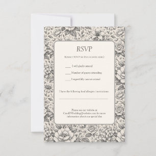 Mooie houtskool zwart en wit geëtste bloemen RSVP kaartje