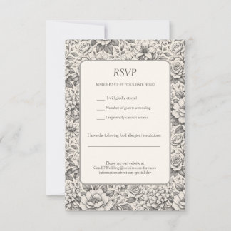 Mooie houtskool zwart en wit geëtste bloemen RSVP kaartje